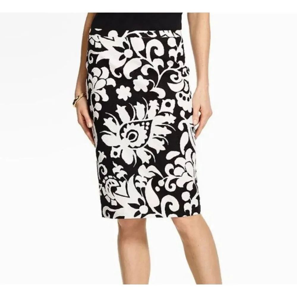Talbots black and white bold floral paisley pencil skirt fully lined 10